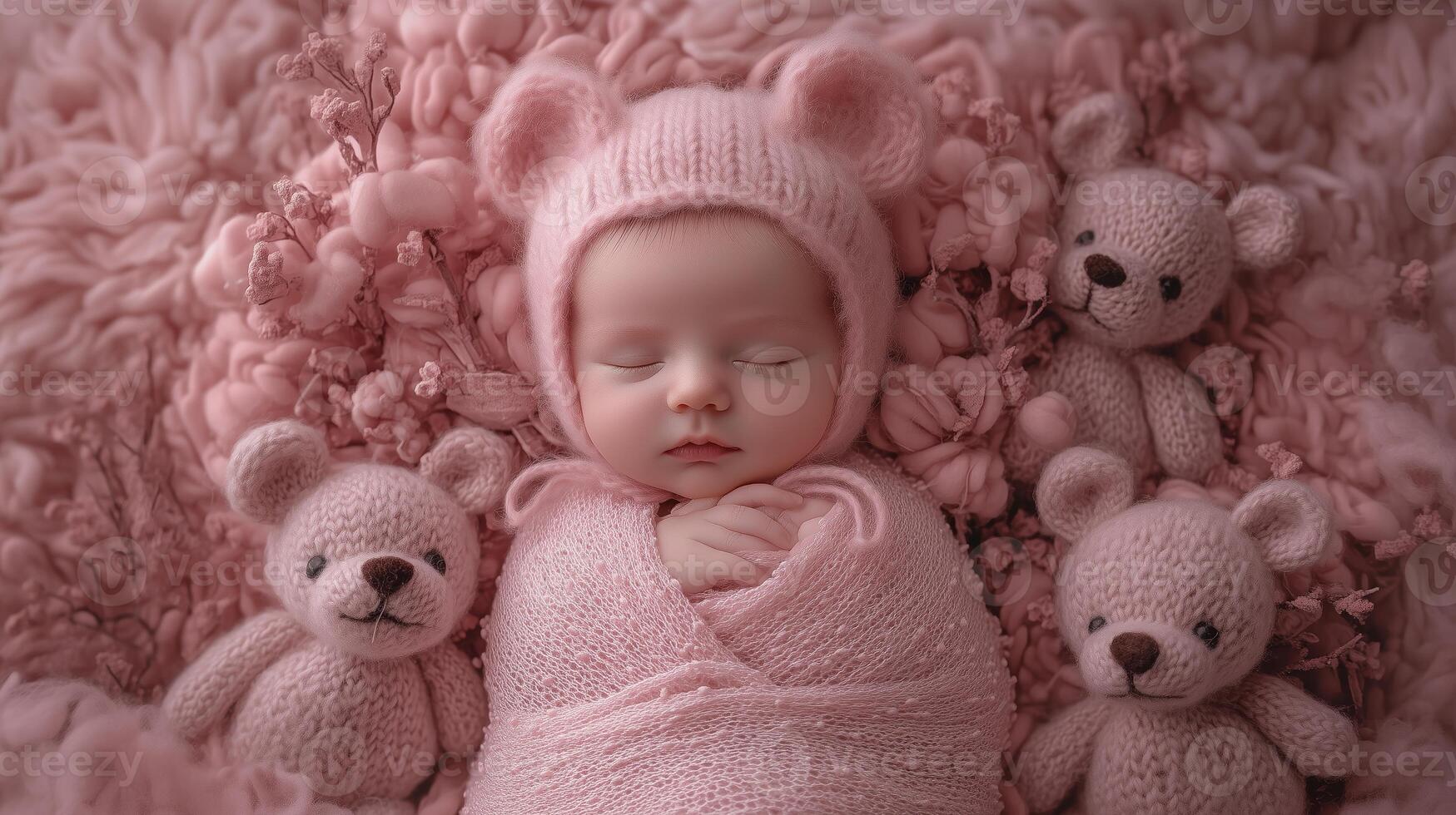 A peaceful sleeping baby wrapped in pink surrounded by soft toys in a cozy setting during the morning photo
