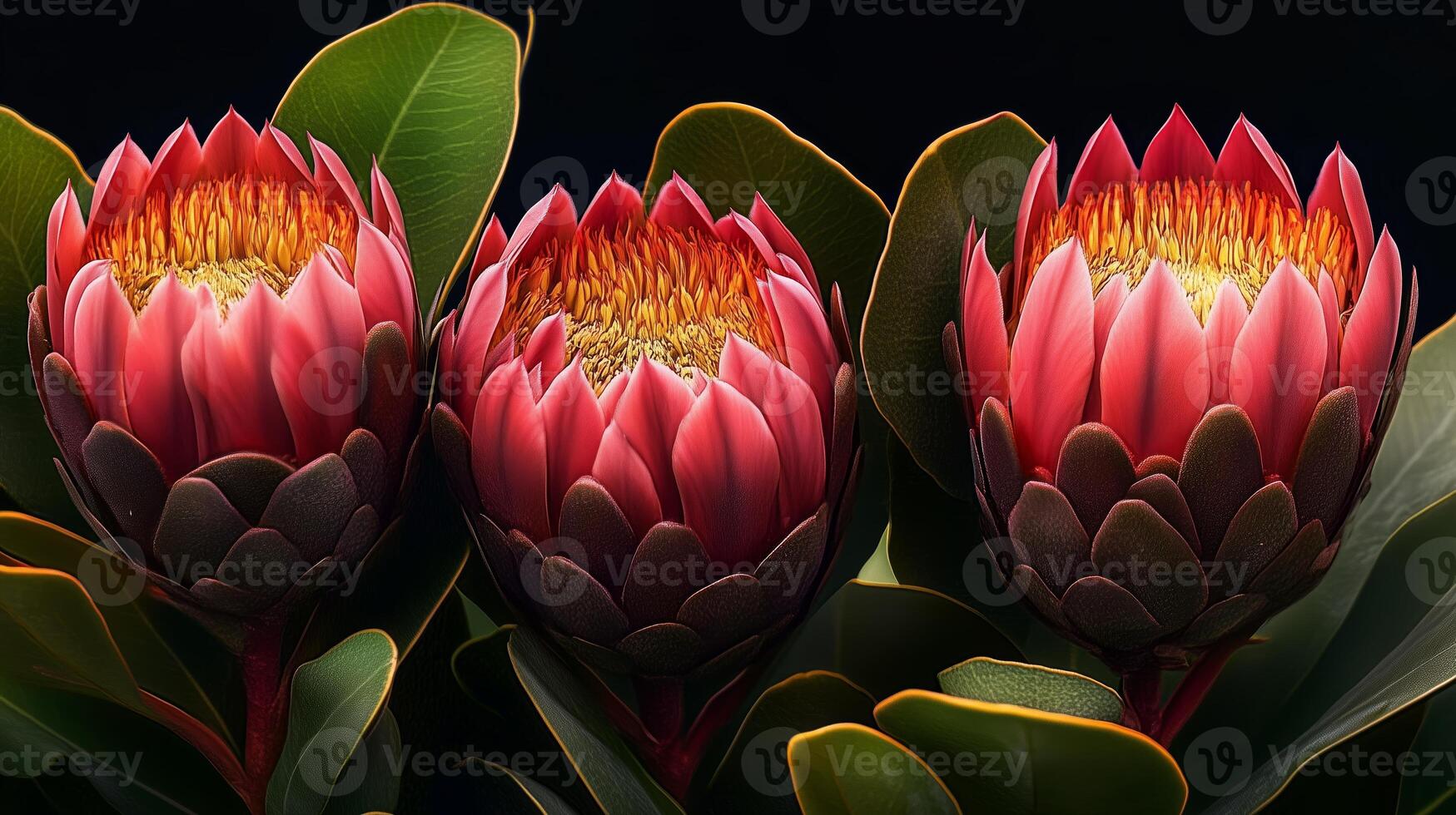 Vibrant pink and orange protea flowers with lush green leaves against a dark background photo