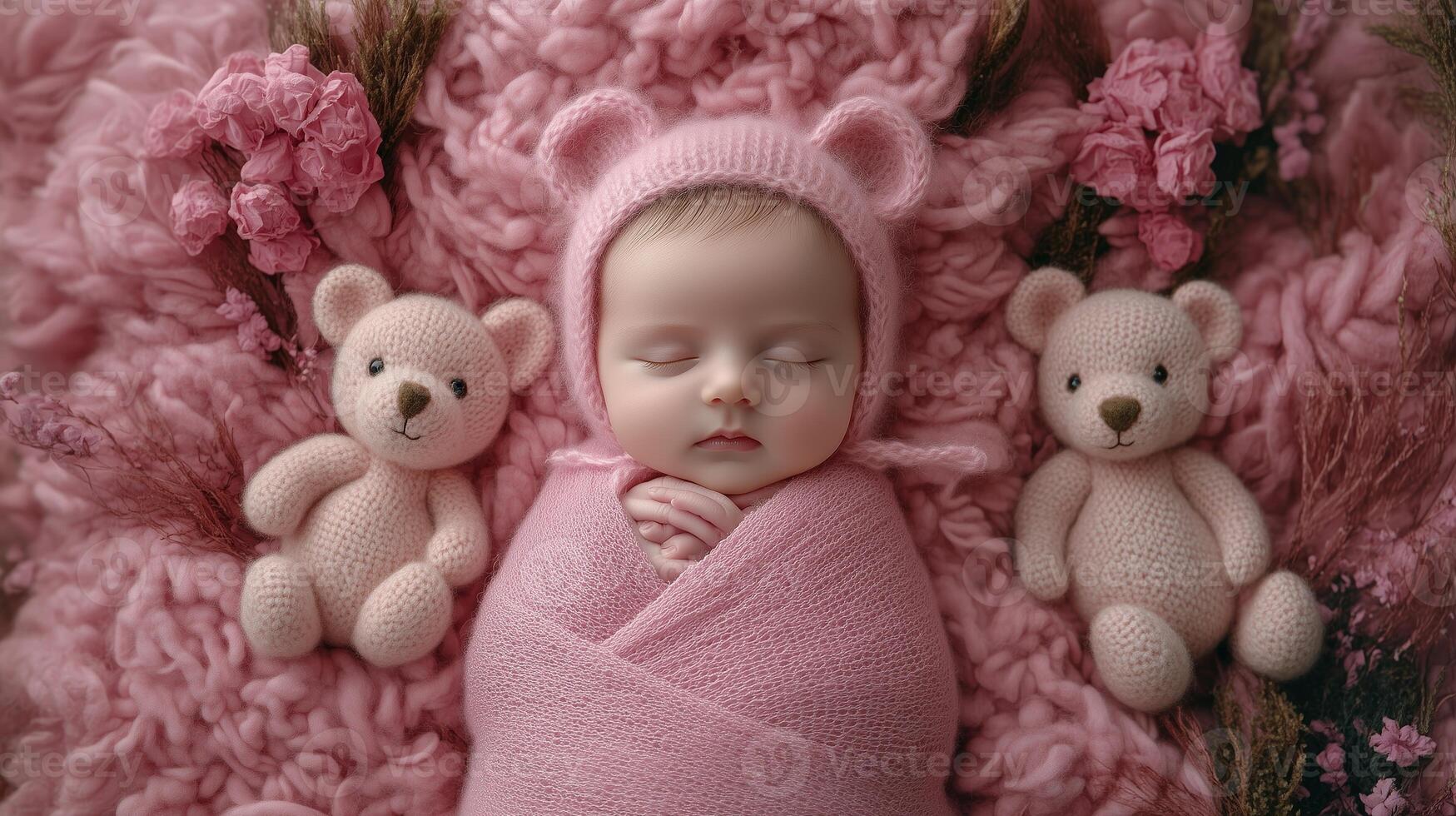 A peaceful baby girl wrapped in pink surrounded by soft teddy bears and flowers during a serene afternoon photo