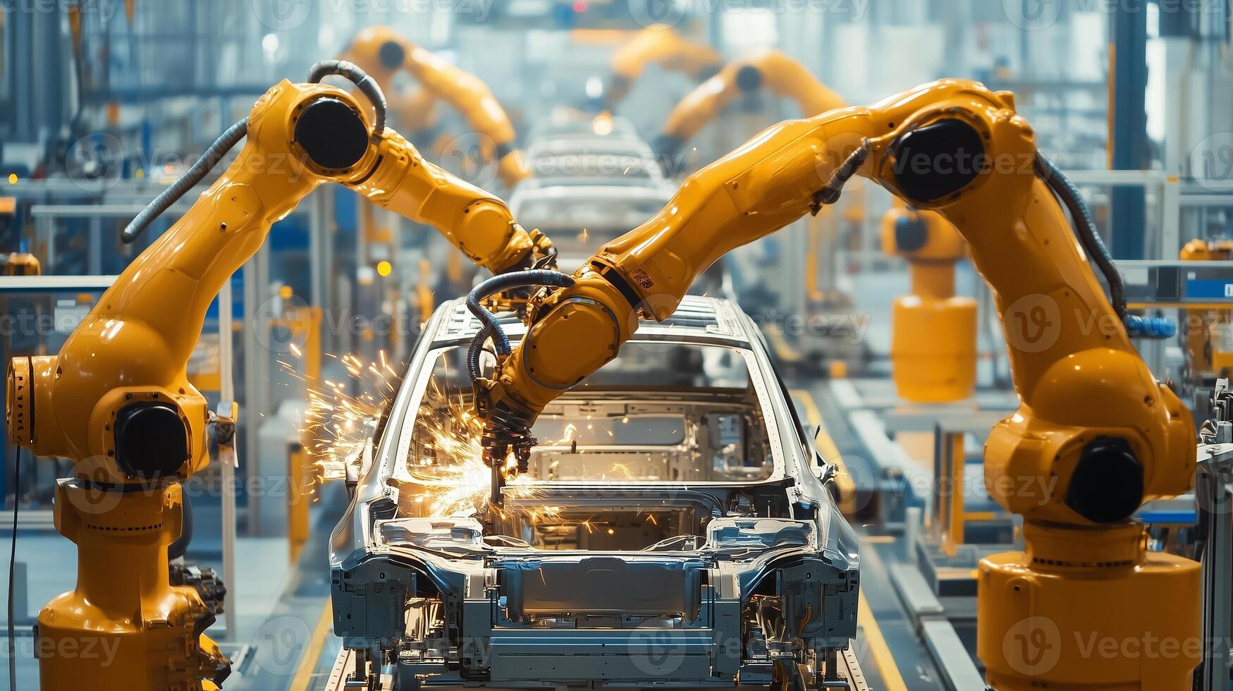Robotic arms perform automated assembly of car chassis in a modern manufacturing facility during daytime operations photo