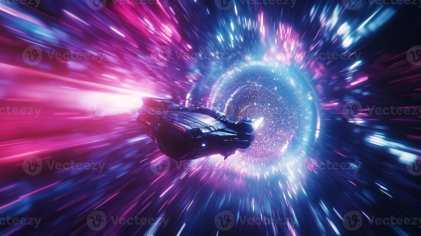 A sleek spaceship travels through a vibrant wormhole surrounded by swirling energy and colorful light effects in deep space photo