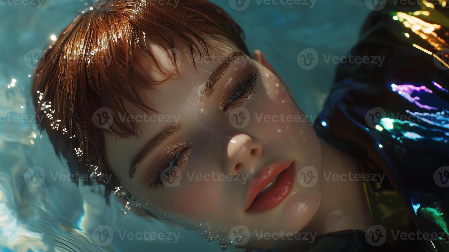 Young woman with short hair floats serenely in a pool, reflecting colorful lights from her shimmering outfit on a sunny day photo