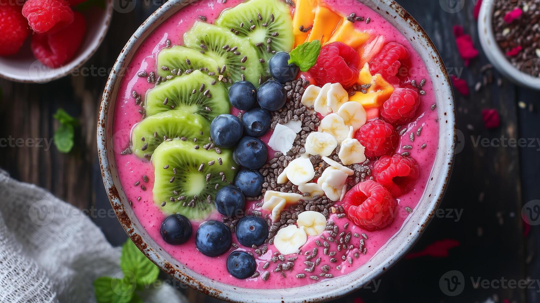 Bright and colorful smoothie bowl topped with fresh fruits and seeds displayed on a rustic wooden table photo