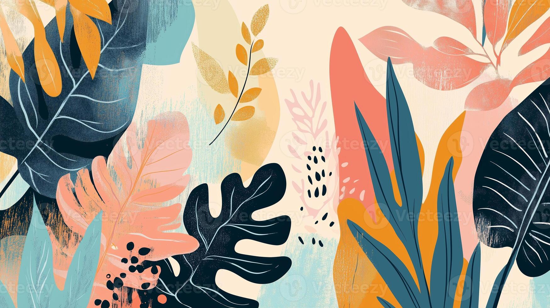 Vibrant tropical foliage with colorful leaves and abstract patterns in a modern art style photo
