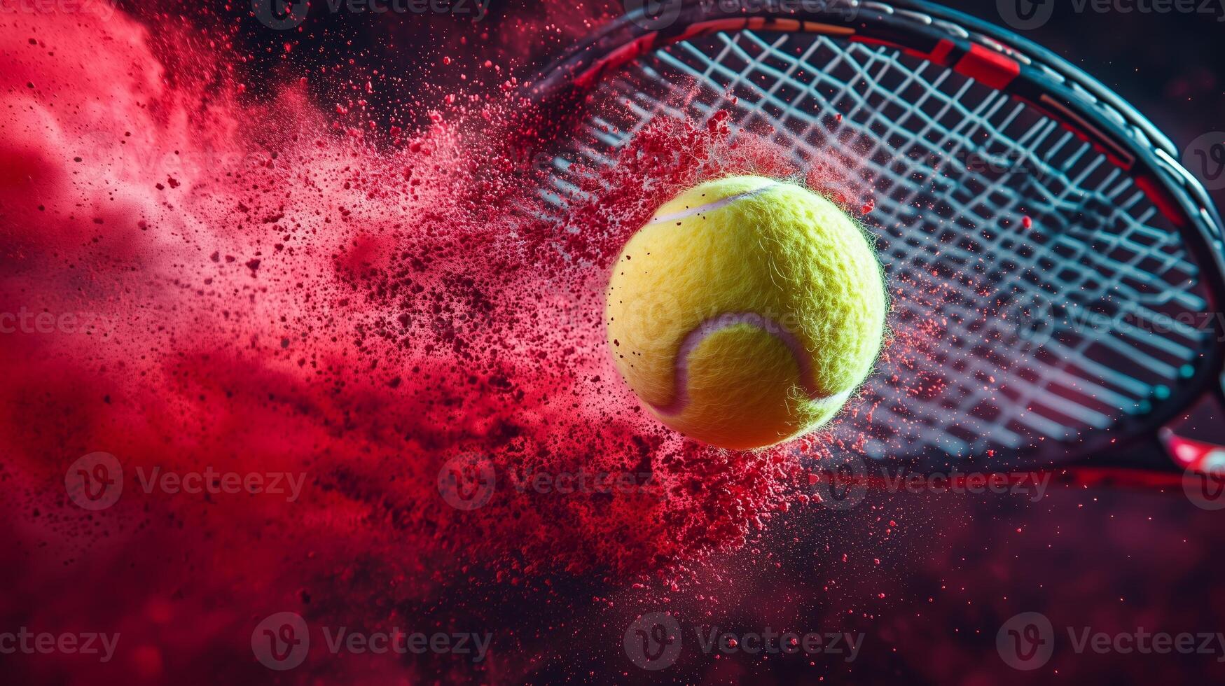 A dynamic capture of a tennis ball striking a racket with explosive red powder during a high-energy sports moment photo