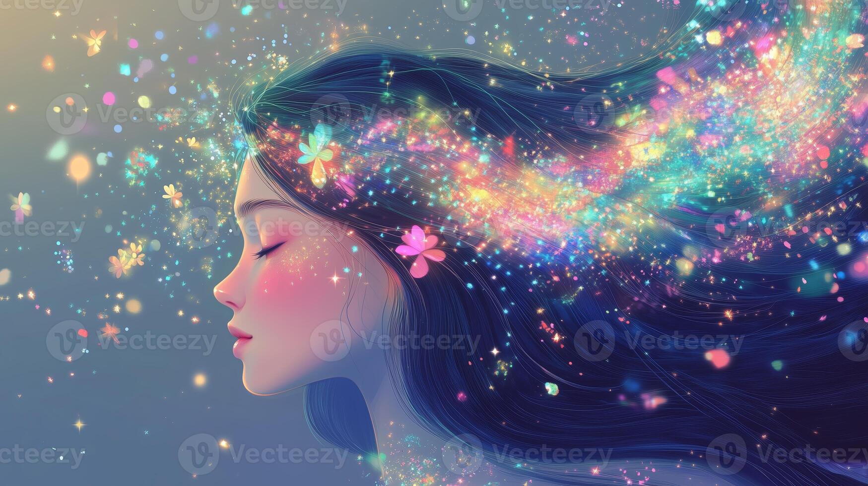 A young woman with flowing hair adorned with flowers and colorful sparkles, immersed in a dreamlike atmosphere during twilight photo