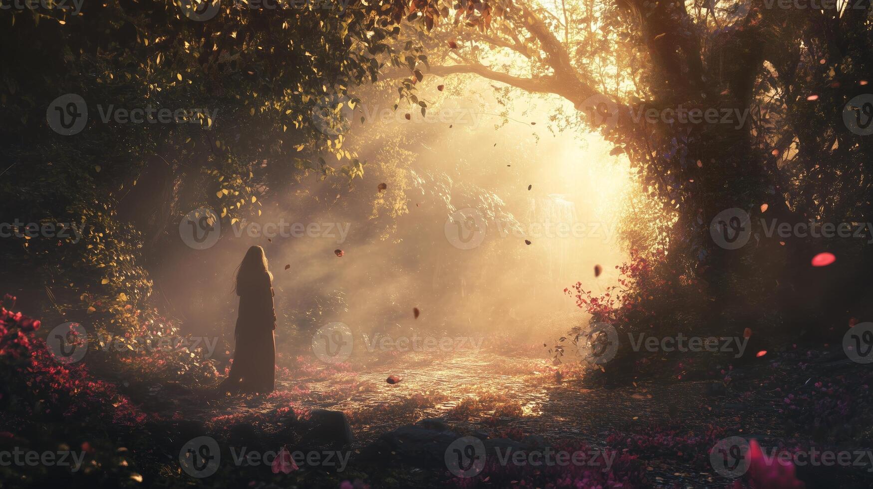A figure stands in a magical forest at twilight, with sunlight filtering through trees and vibrant leaves falling around photo