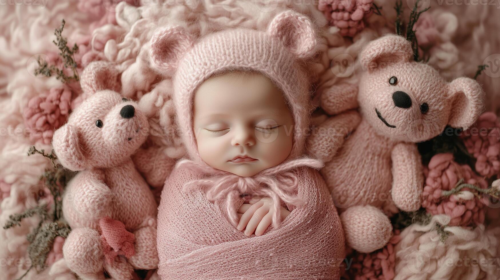 A peaceful baby sleeping among soft toys in a cozy setting with pink tones and floral elements photo