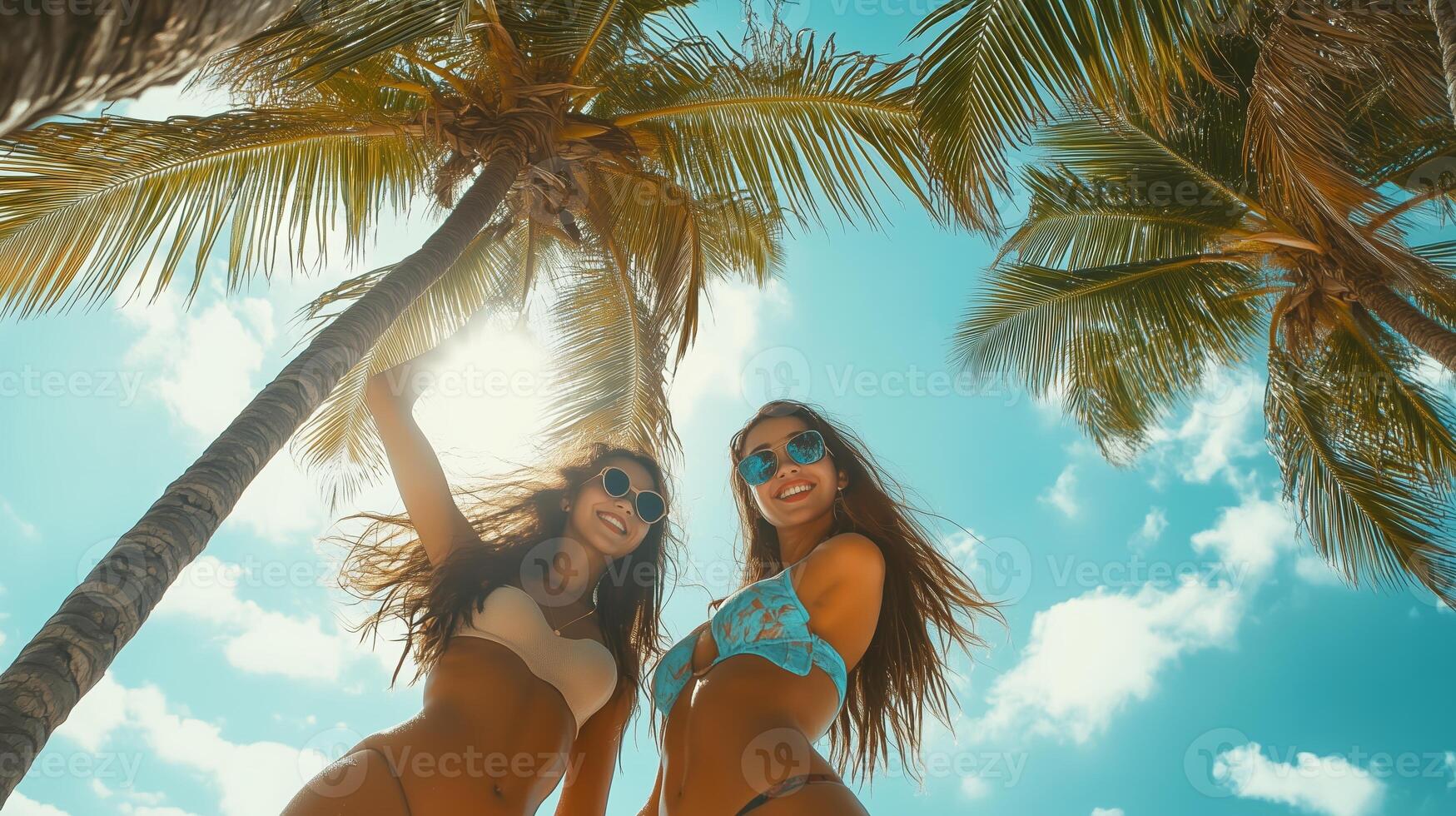 Two friends enjoying a sunny day at a tropical beach surrounded by palm trees and taking in the warmth of summer photo