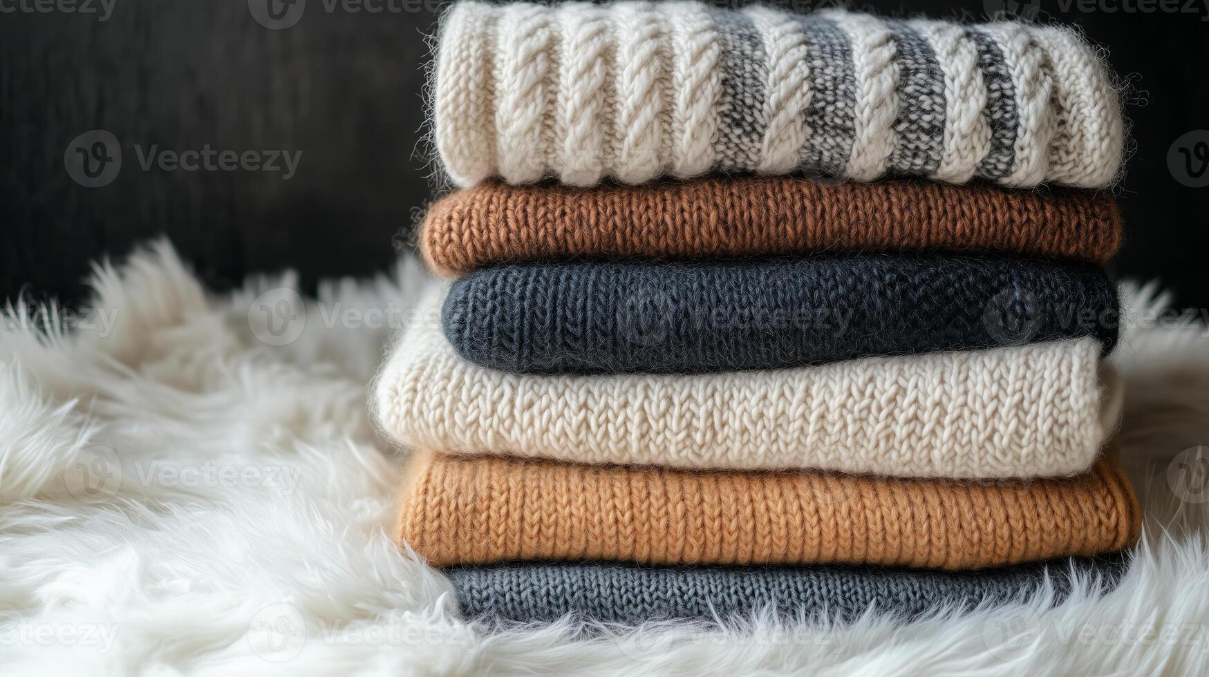 Cozy knit sweaters neatly stacked on a soft texture background perfect for fall fashion in a warm indoor setting photo