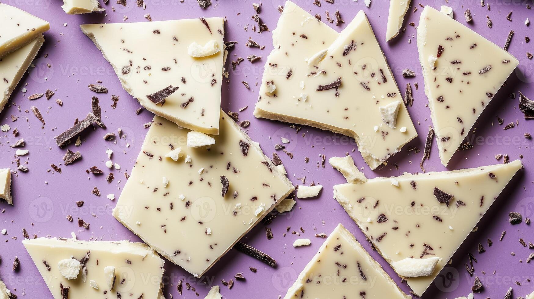 White chocolate bark pieces scattered on a vibrant purple background with chocolate shavings during kitchen prep photo