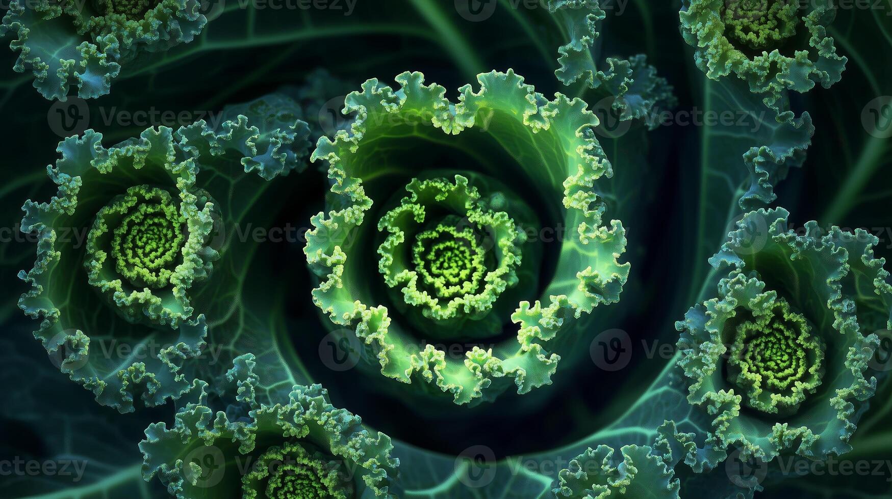 Intricate spiral patterns of vibrant green leaves in abstract close-up, showcasing nature's design and symmetry photo