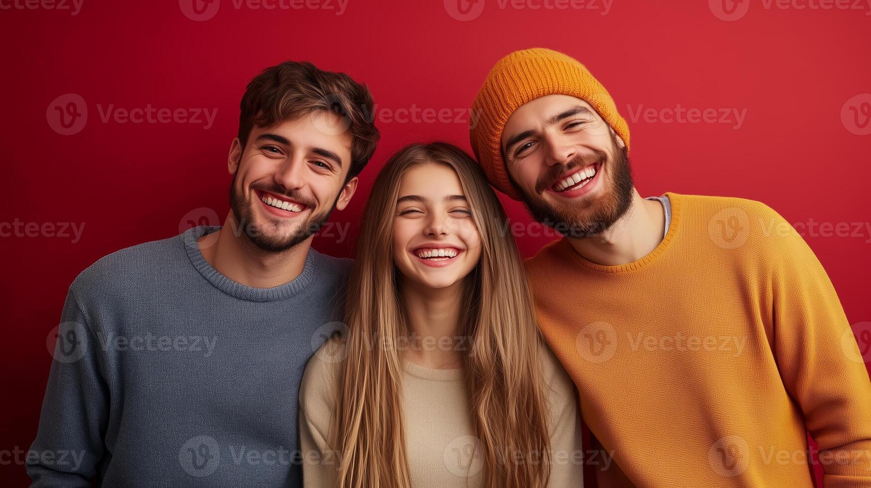 Three friends smiling happily together in front of a vibrant red background during a casual gathering in autumn photo