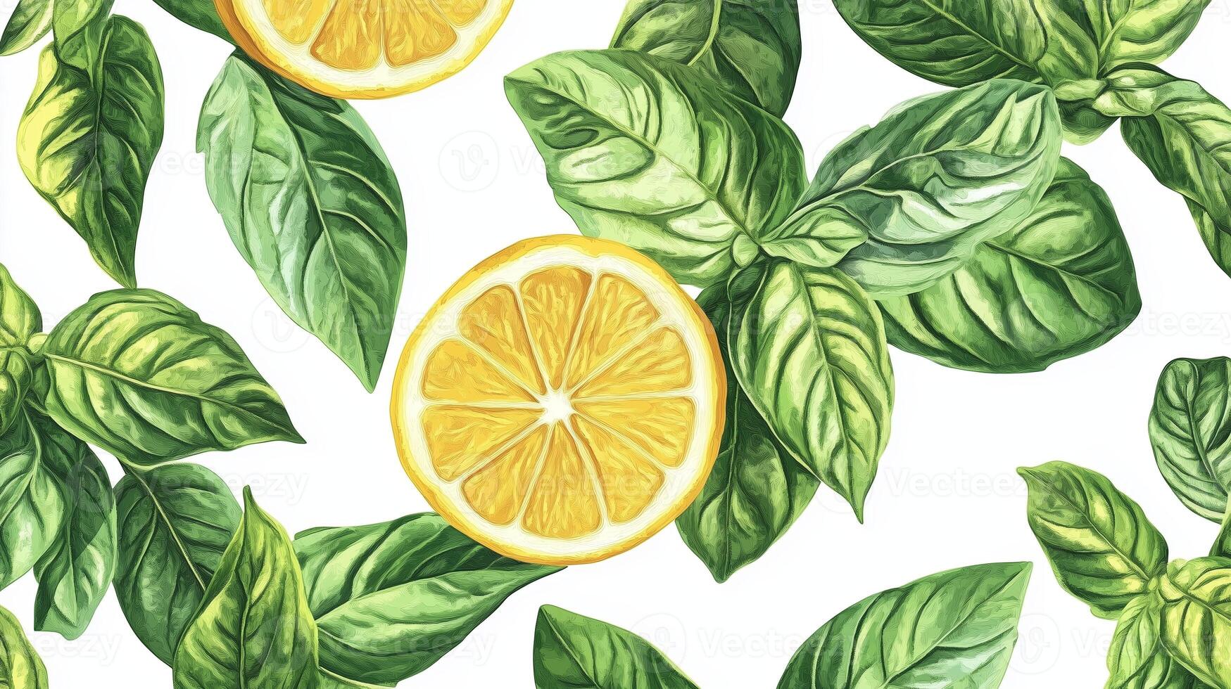 Fresh lemon slices surrounded by vibrant basil leaves on a white background, creating an inviting and refreshing look photo