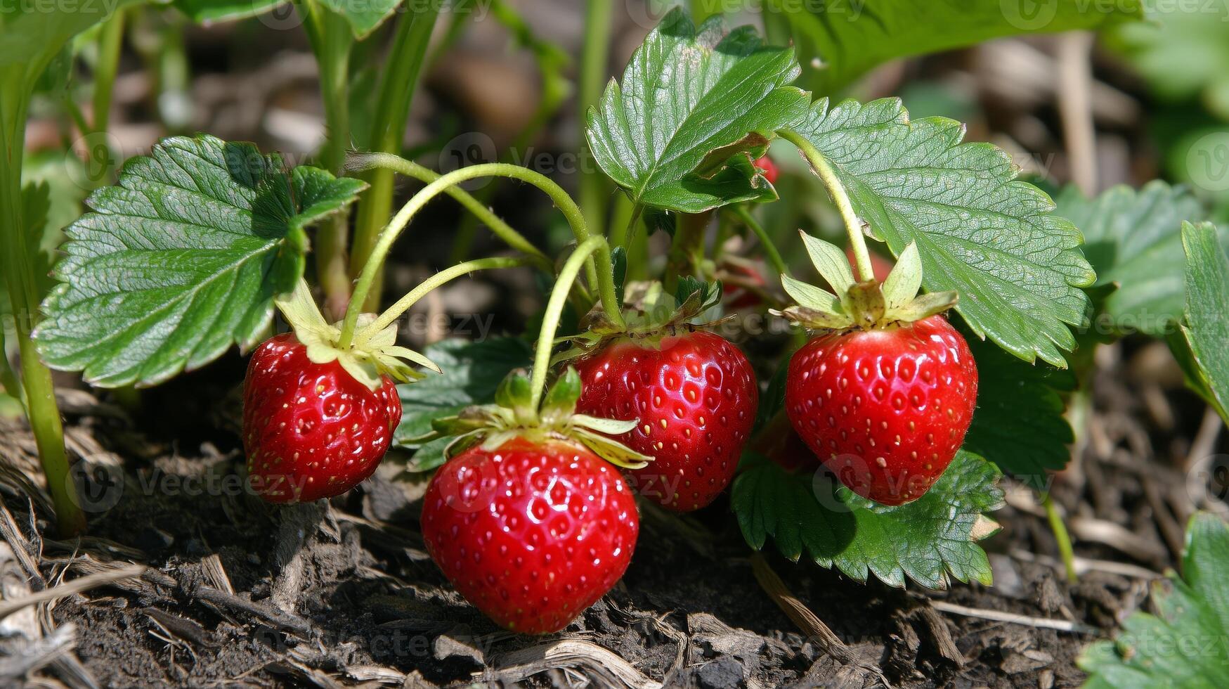 Freshly ripened strawberries growing on lush green plants in a garden under bright sunlight during summer photo
