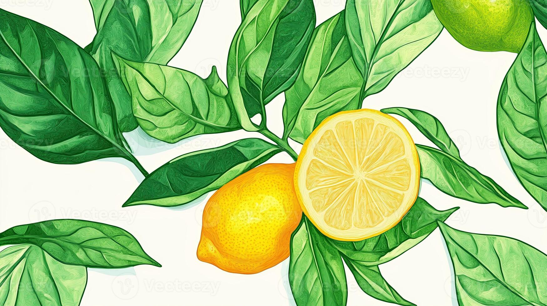 Lemons and green leaves arranged artistically on a light background during daylight hours showcasing vibrant color contrast photo