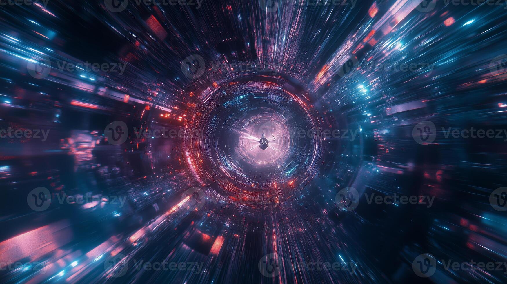 A futuristic tunnel filled with vibrant lights and colors, depicting motion through a digital space at high speed photo