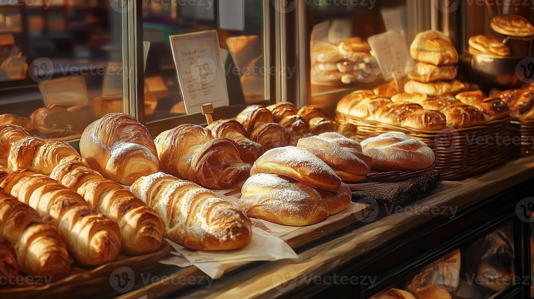 Freshly baked bread and pastries displayed in a cozy bakery during the morning hours photo