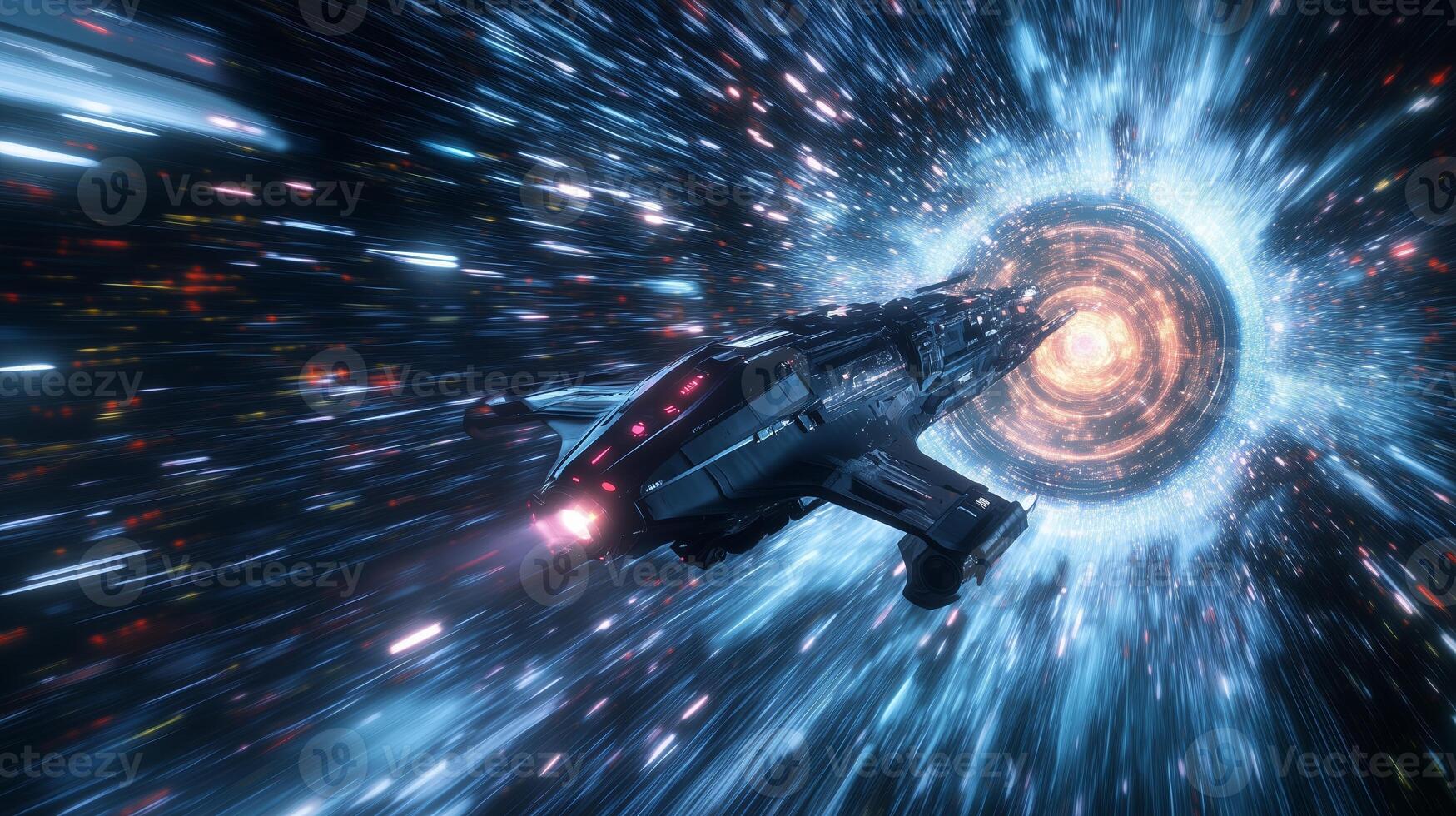 A spacecraft traveling through a vibrant wormhole in deep space during a futuristic journey to unknown realms photo
