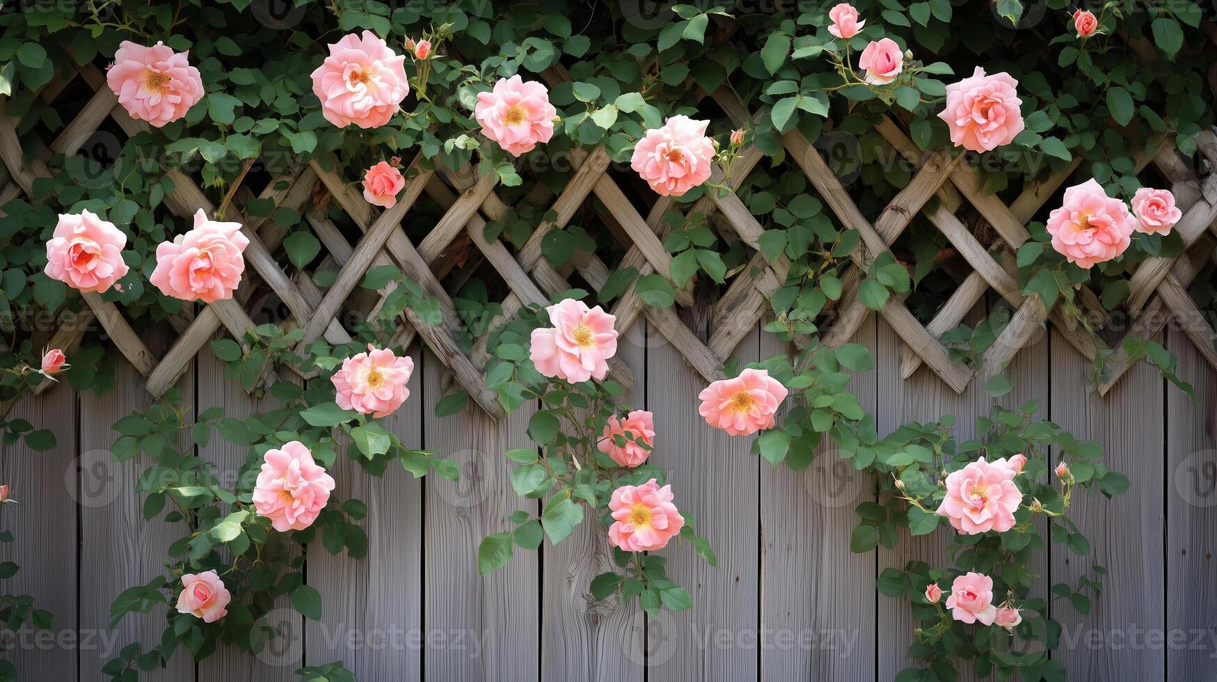 Delicate pink roses climbing along a wooden fence in a tranquil garden setting on a sunny day photo