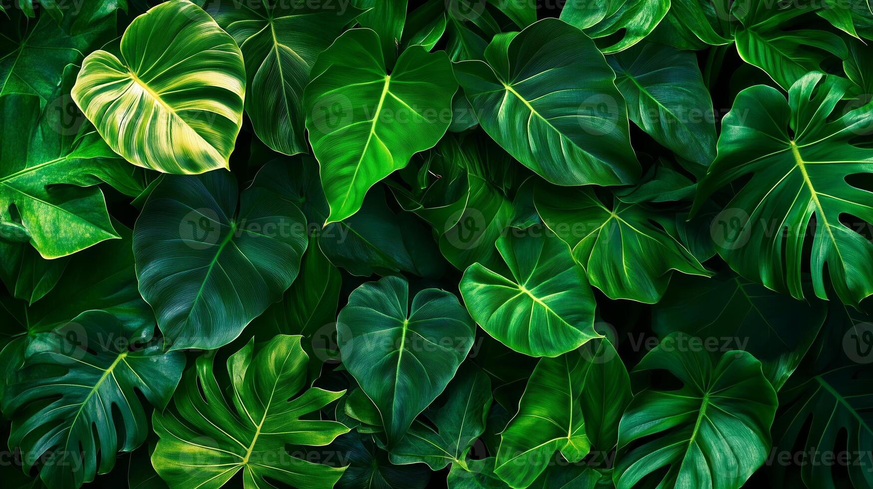 Dense tropical foliage featuring various green leaves in a lush arrangement during daylight hours photo