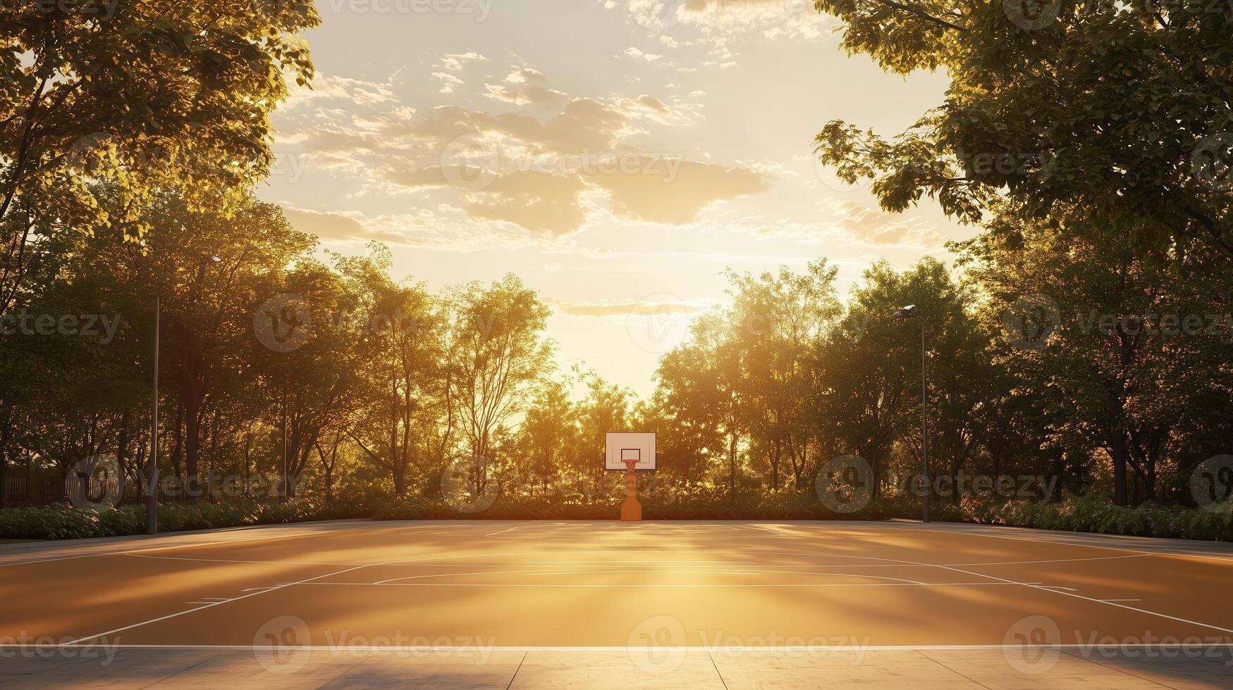 A serene sunset view of an empty basketball court surrounded by trees in a quiet park during golden hour photo