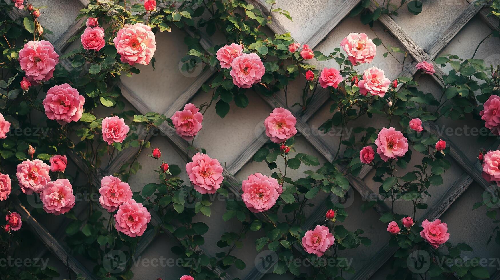 Vibrant pink roses climbing a trellis, showcasing nature's beauty in a serene garden during the late afternoon sunlight photo