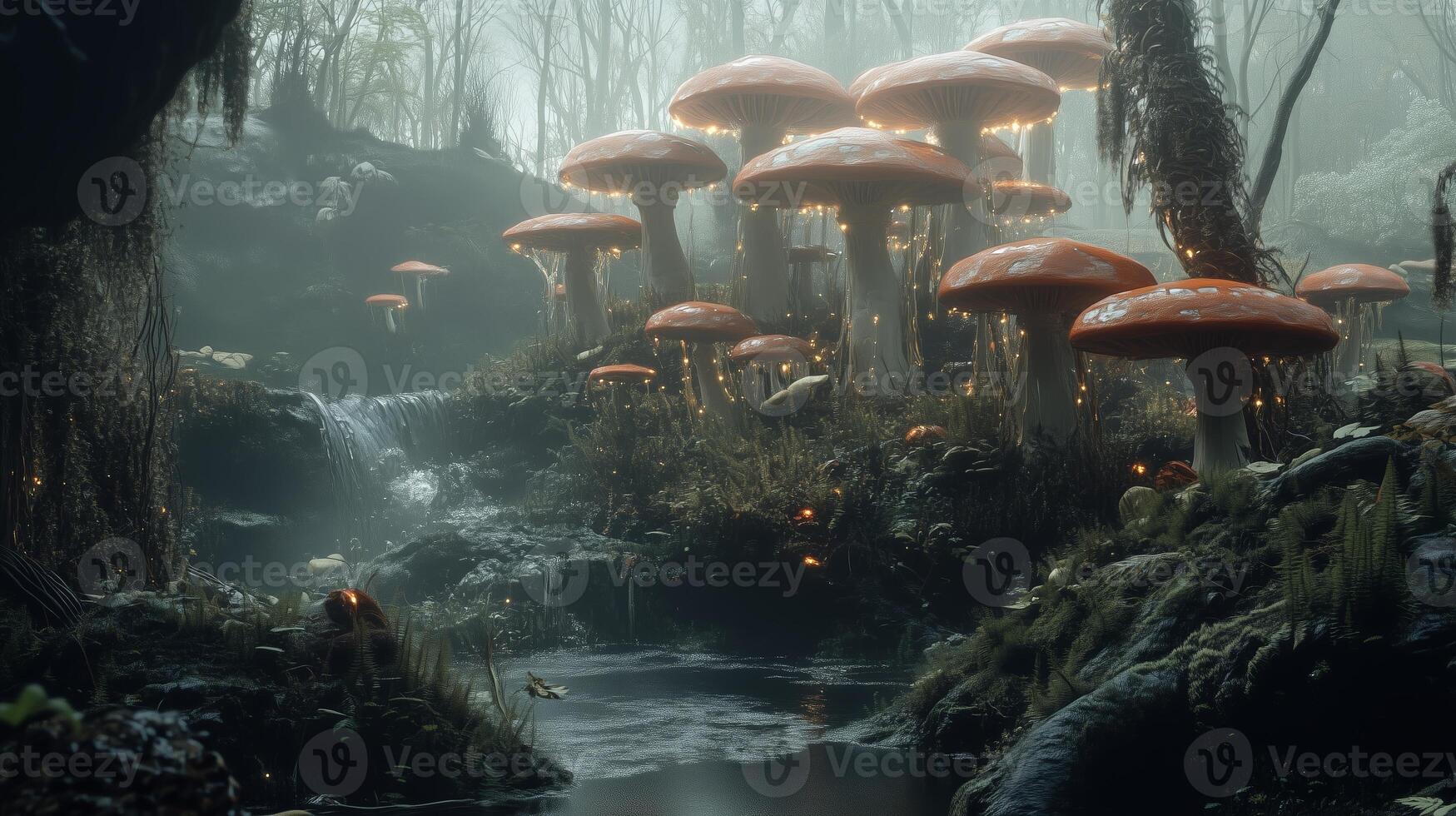 Mysterious enchanted forest with glowing mushrooms beside a tranquil waterfall at dawn photo