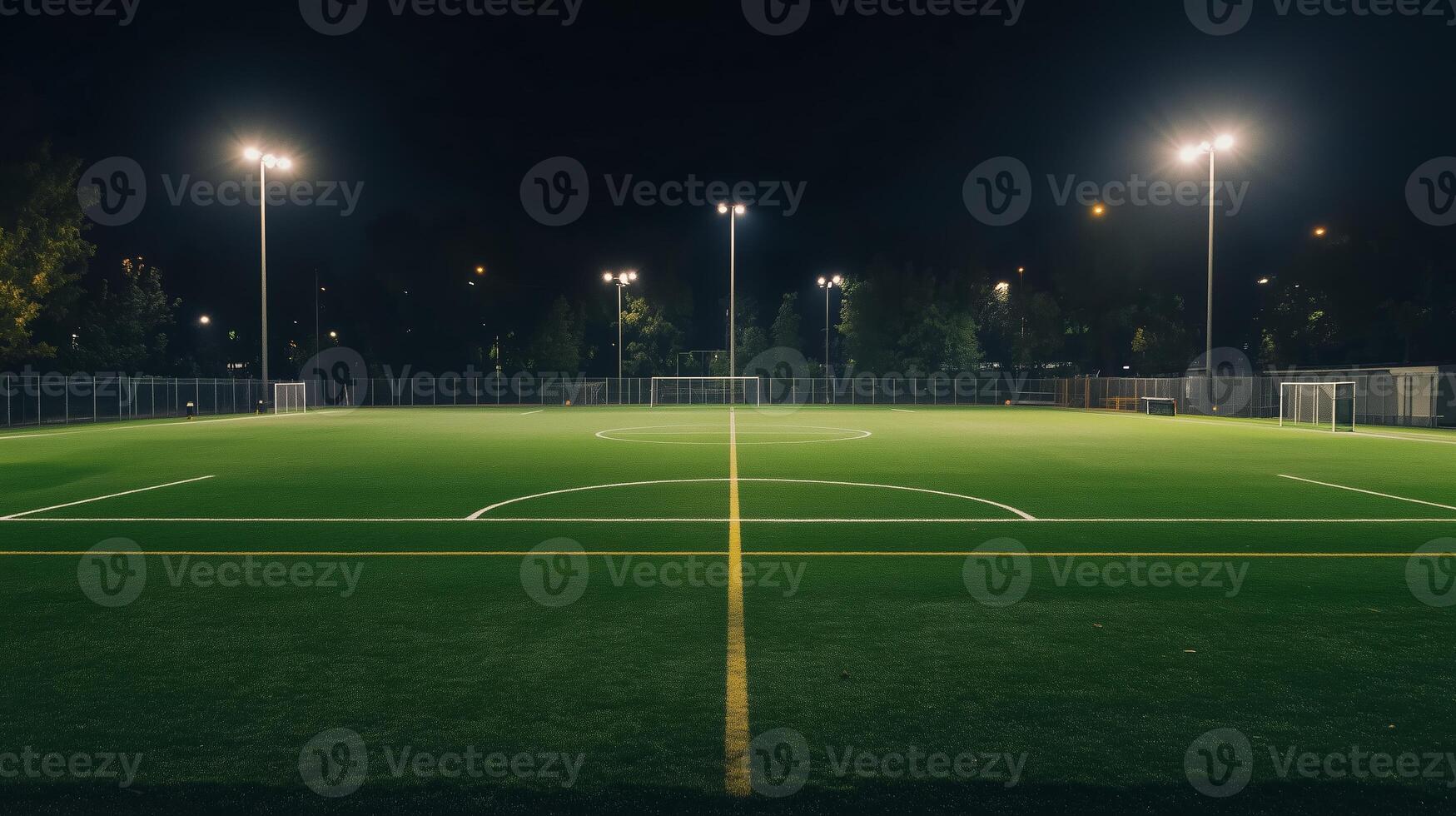 Brightly lit sports field at night with marked lines and goals in a quiet urban park setting photo
