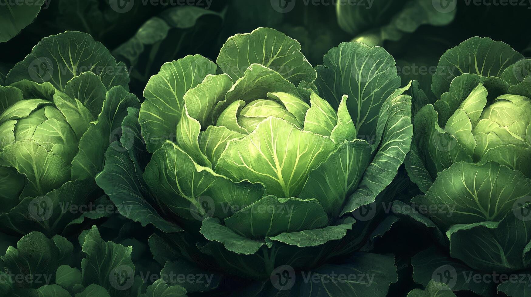 Fresh green cabbages growing in a lush garden during daylight hours amidst vibrant foliage photo