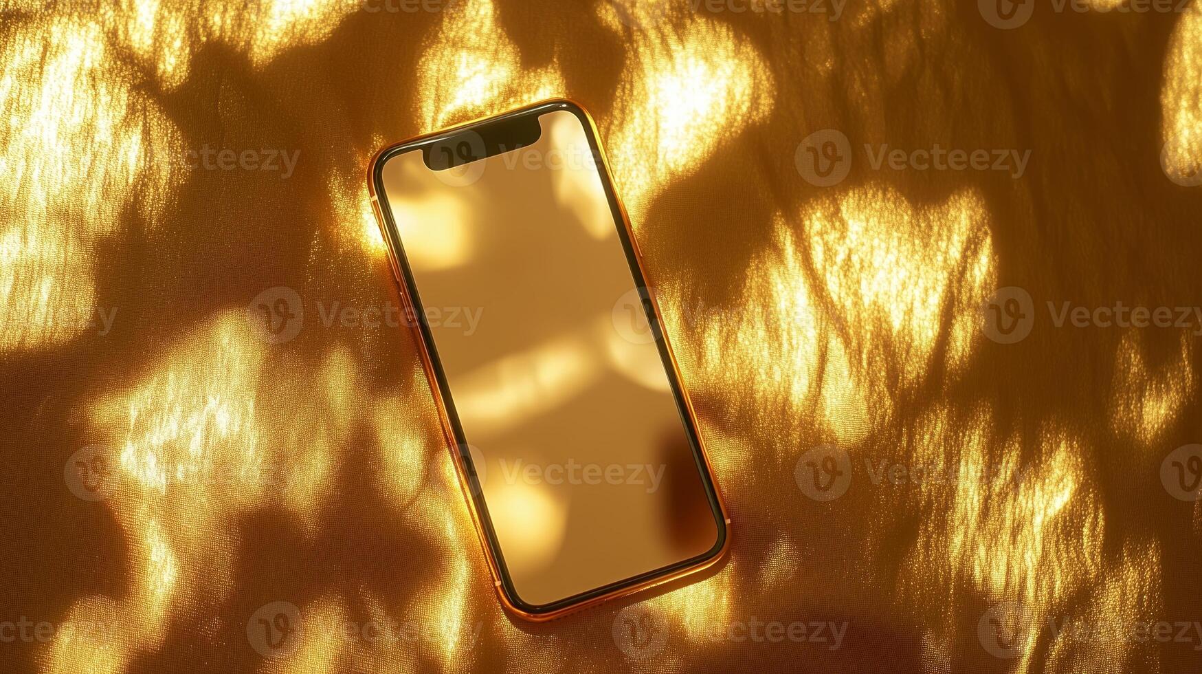 A sleek smartphone resting on a golden surface illuminated by soft golden light during a peaceful afternoon photo