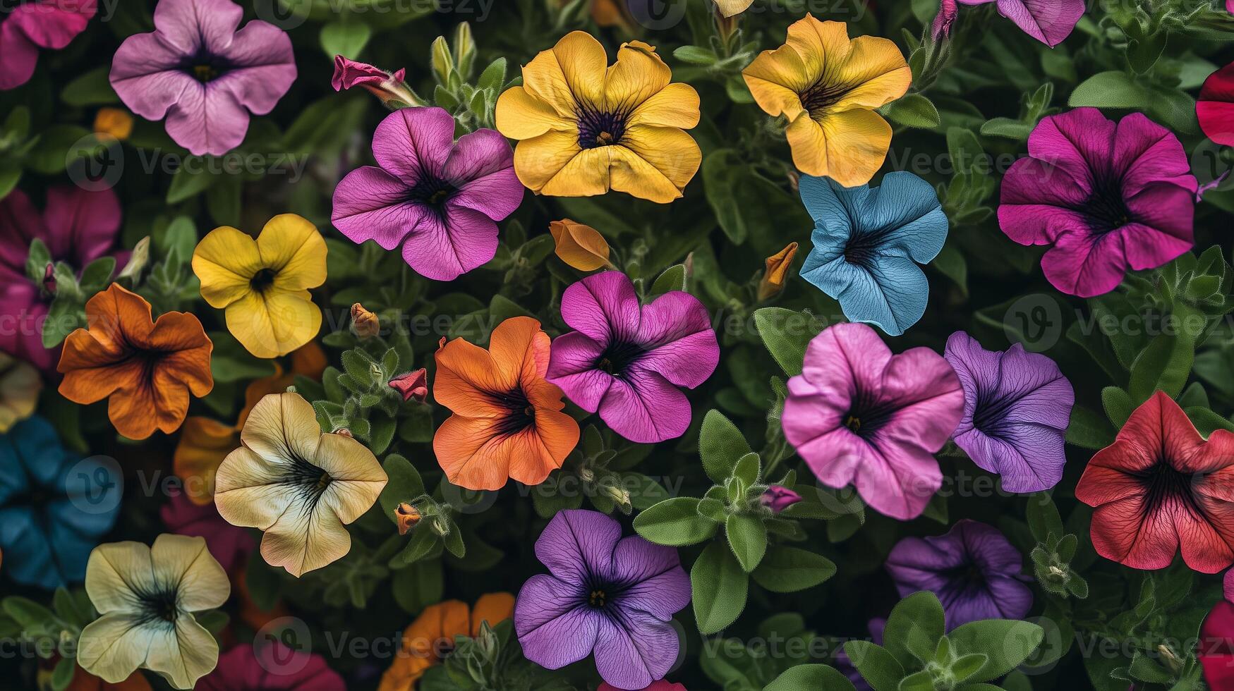 Vibrant display of colorful petunias in a lush garden setting during a sunny day in spring photo