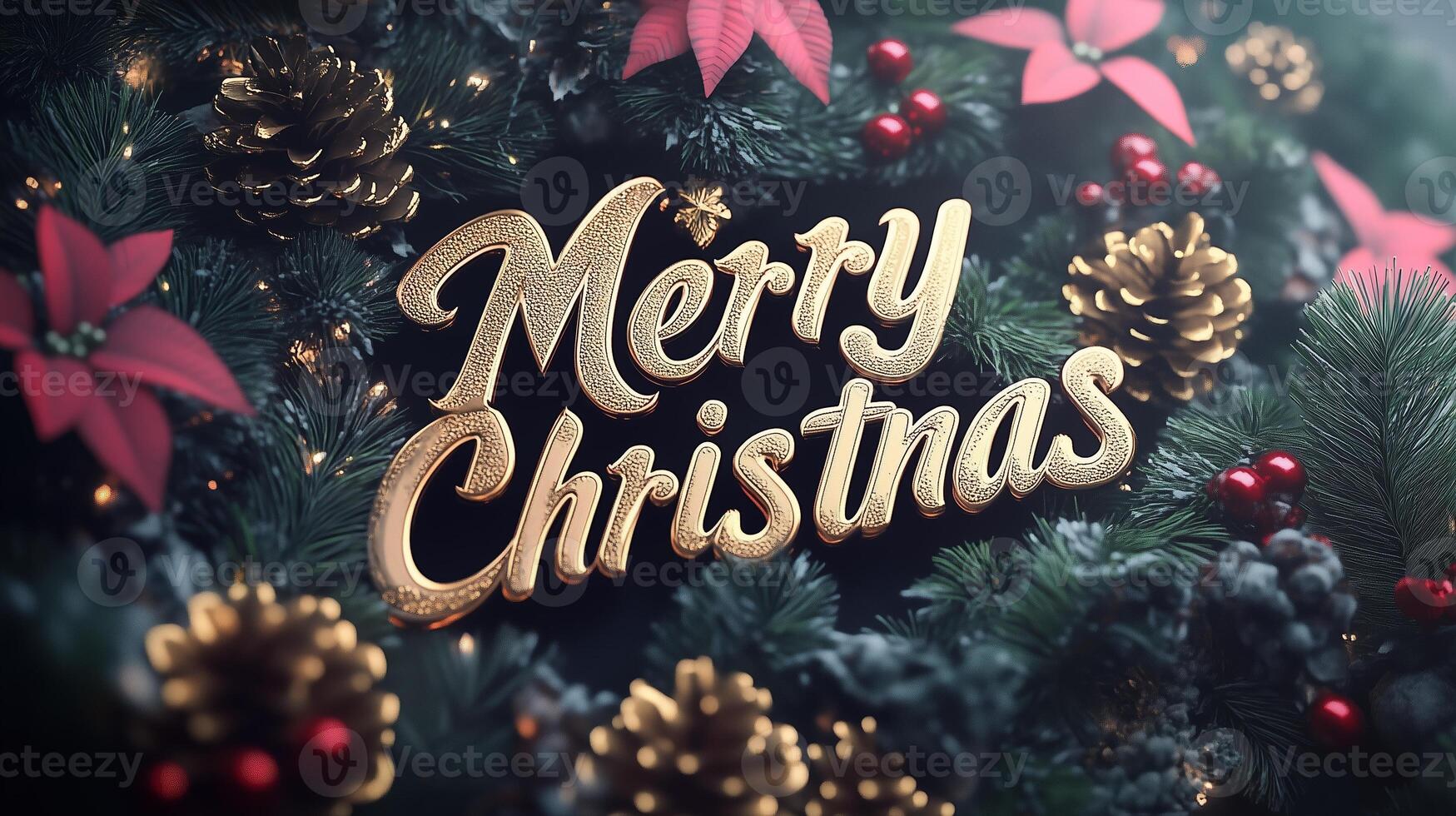 Festive Merry Christmas decoration with poinsettias and pinecones adorning a holiday-themed setting photo
