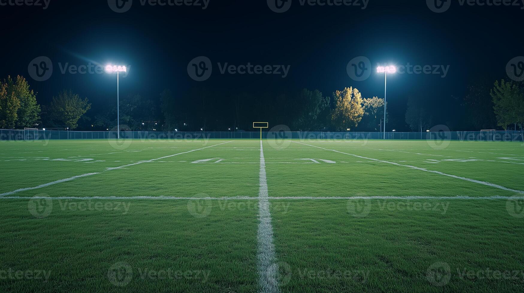 A well-lit football field at night, showcasing freshly cut grass and marked yard lines, with floodlights illuminating the surroundings photo