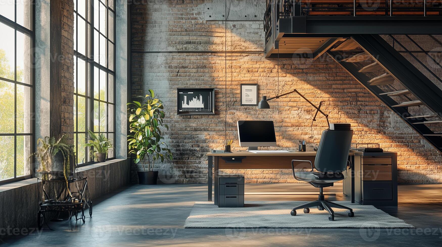 Stylish modern office with large windows in an urban loft setting during the afternoon sunlight photo