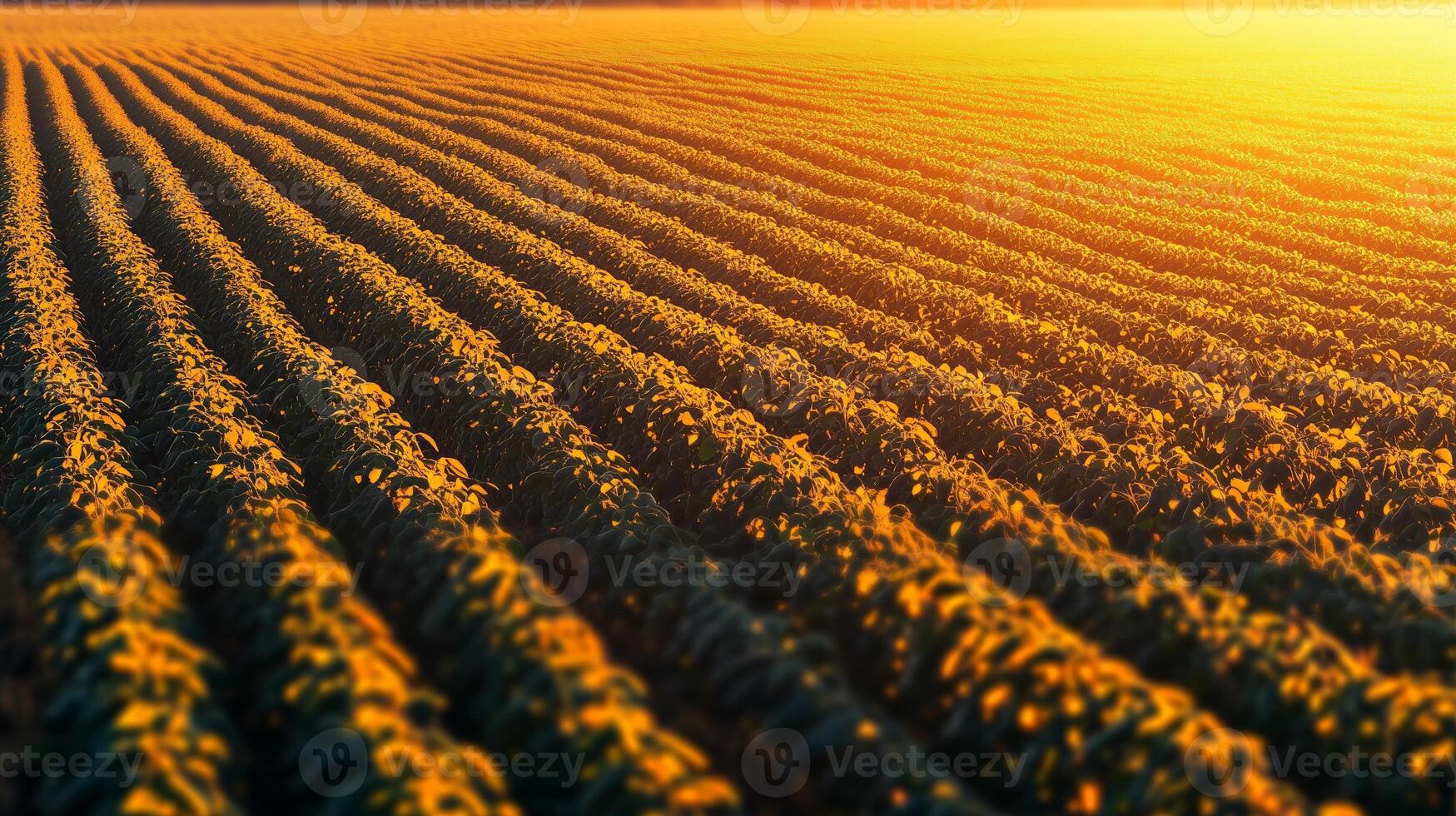 Sunset over rows of crops in a vast agricultural field showcasing the beauty of rural farming landscapes at dusk photo