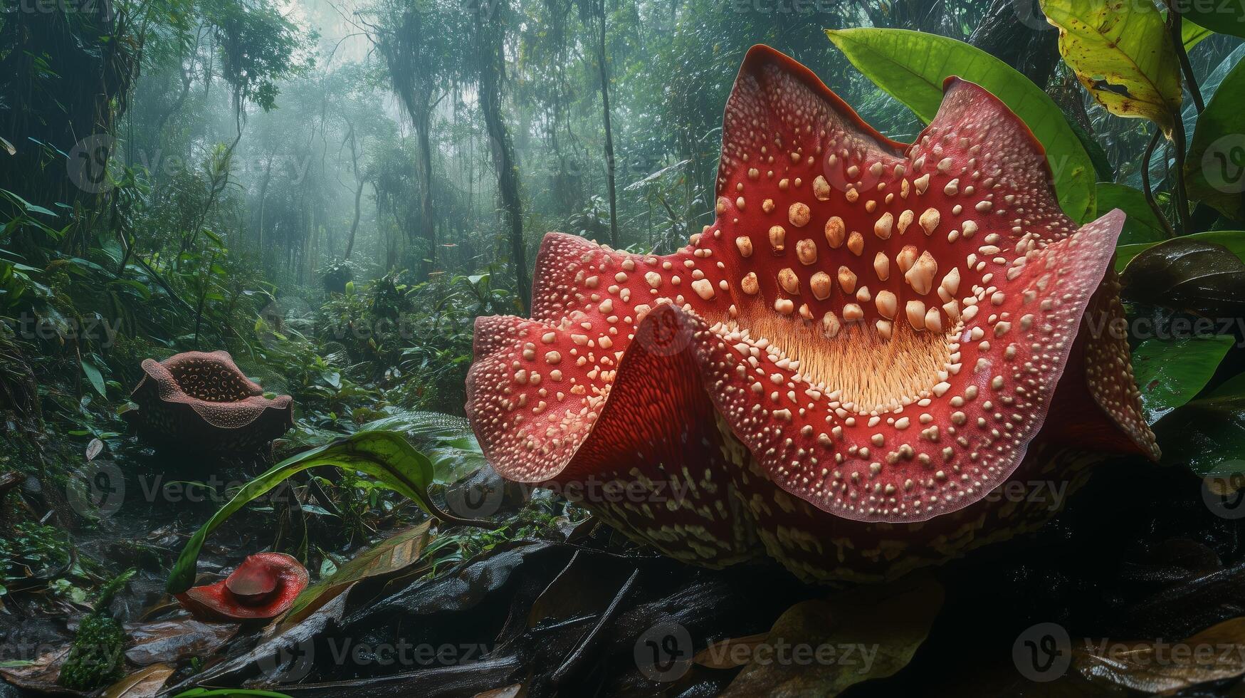 Unique red flower blooms in a lush rainforest during early morning hours surrounded by vibrant green foliage photo
