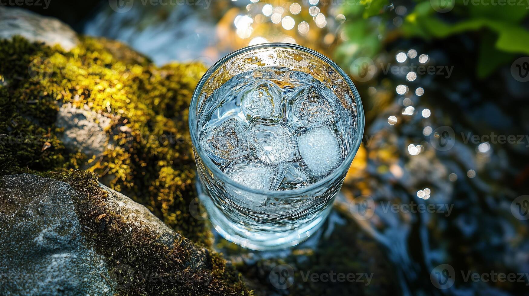 Refreshing glass of cold water with ice cubes sitting on a mossy rock by a gently flowing stream in nature photo
