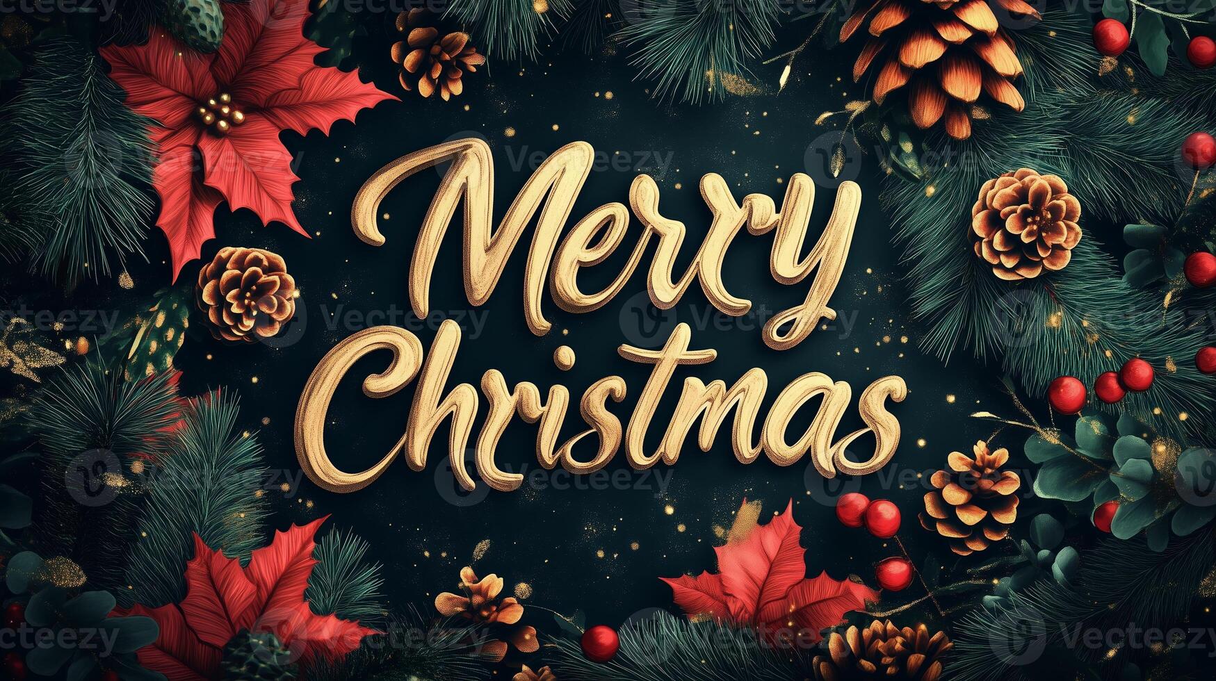 A festive arrangement featuring golden Merry Christmas lettering surrounded by pine branches, holly berries, and pine cones on a dark background photo