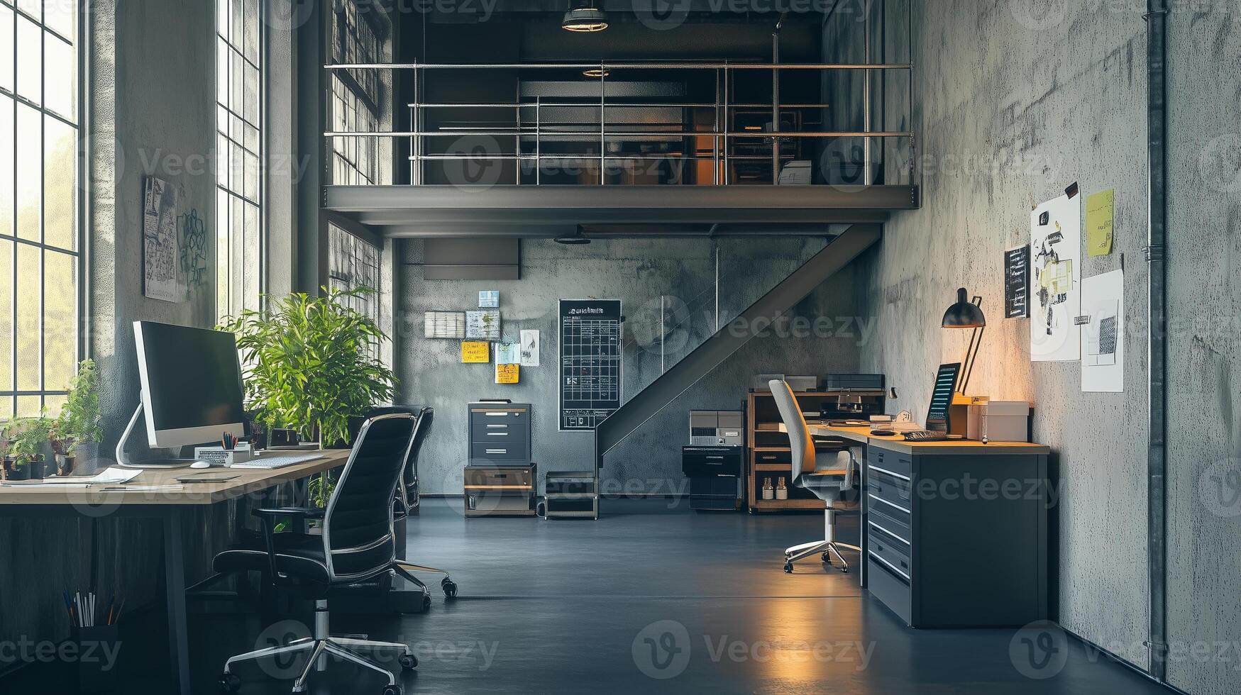 Modern industrial workspace featuring large windows, minimalist furniture, and plants in a well-lit urban setting photo