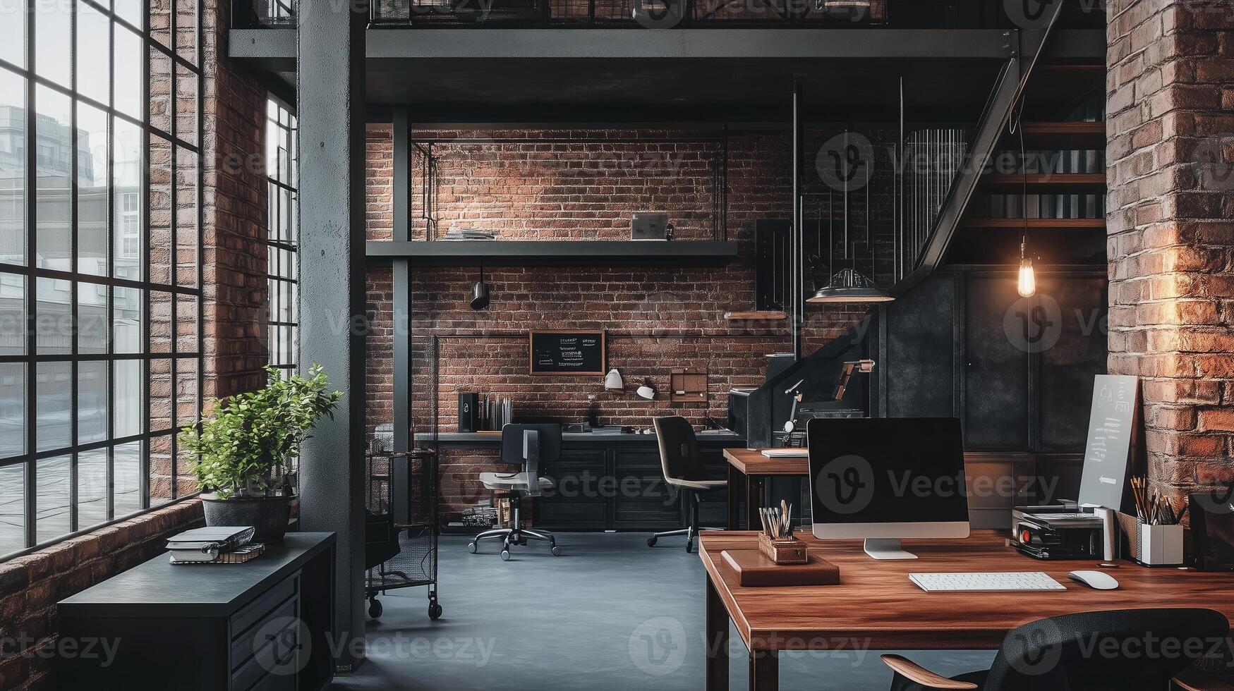 Stylish modern workspace featuring brick walls and contemporary furniture in an urban loft setting during daylight photo
