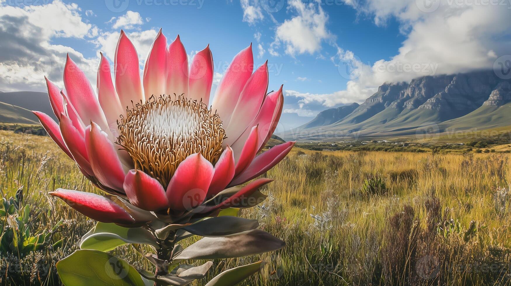 A striking pink protea flower in bloom against a breathtaking mountain landscape on a sunny day photo