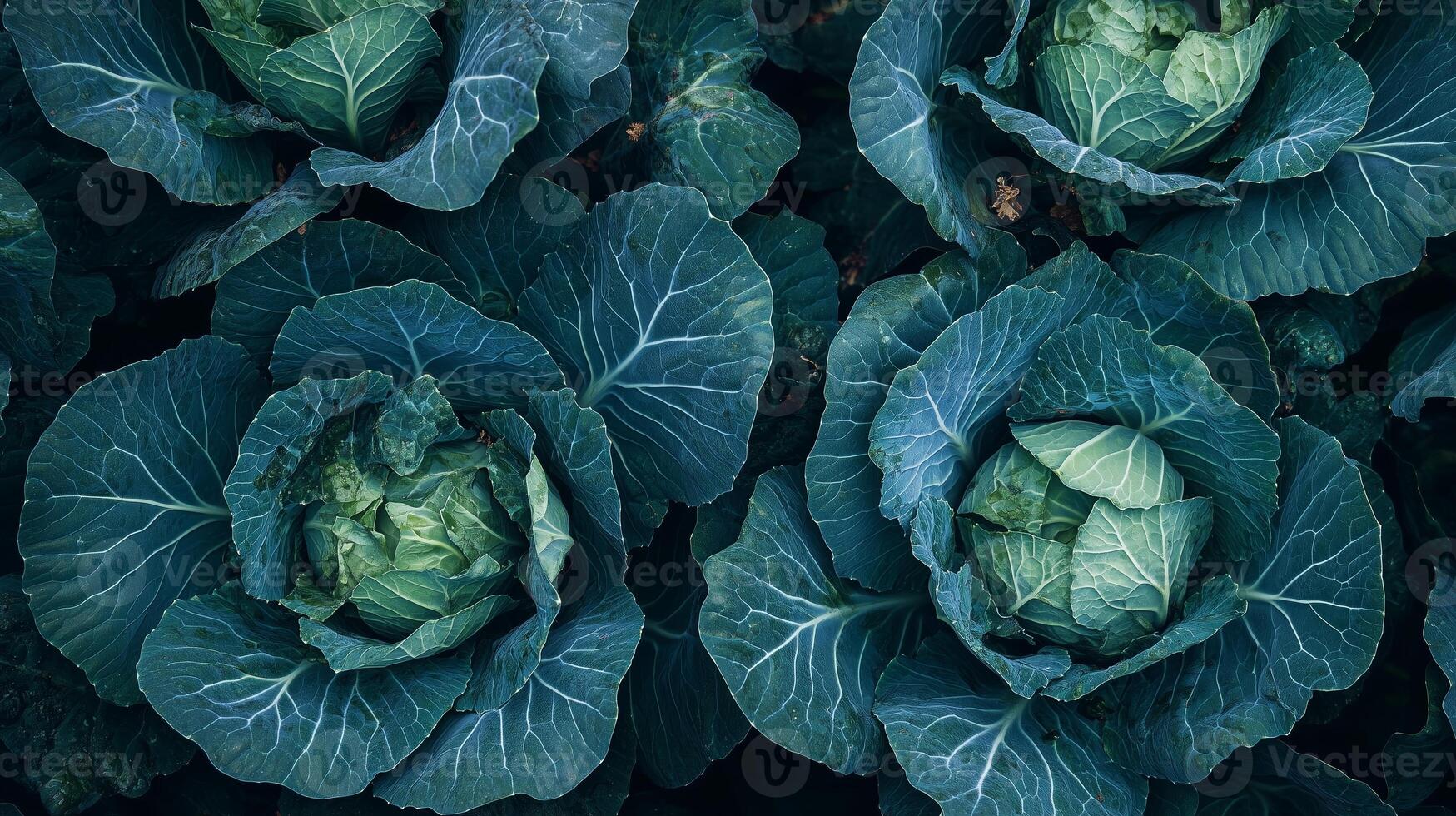 Fresh green cabbages growing abundantly in a garden during the early morning light of spring photo