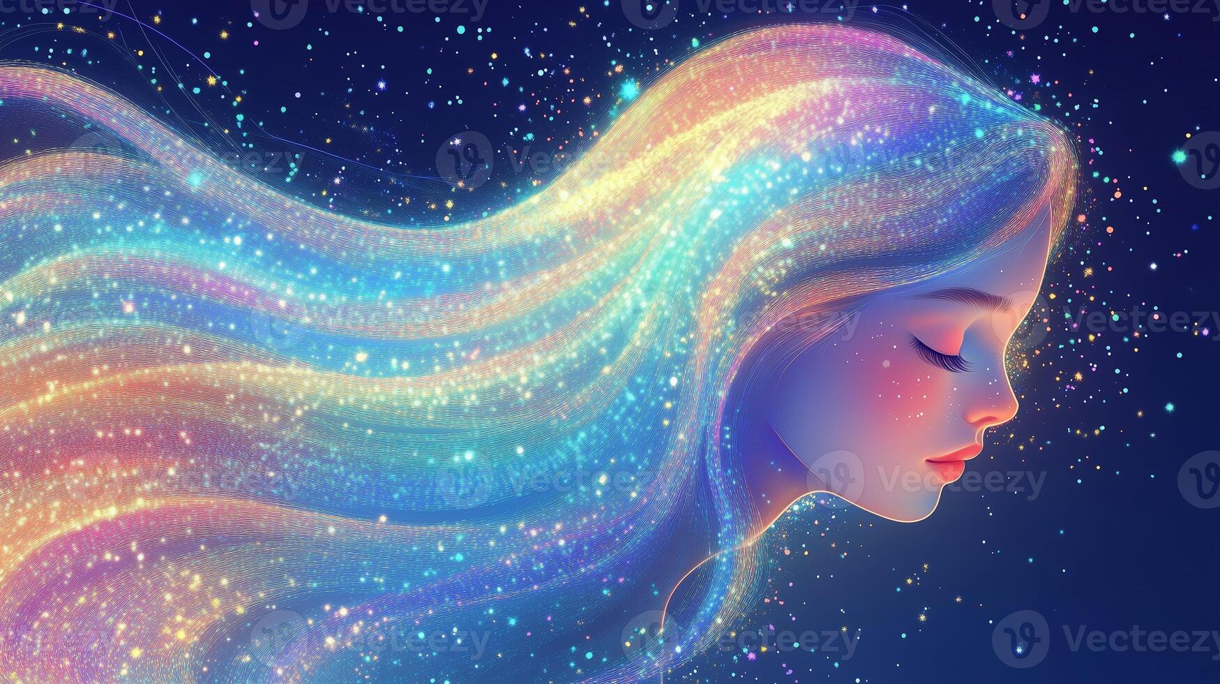 A girl with flowing, colorful hair surrounded by a starry night sky displays enchanting dreamlike qualities photo