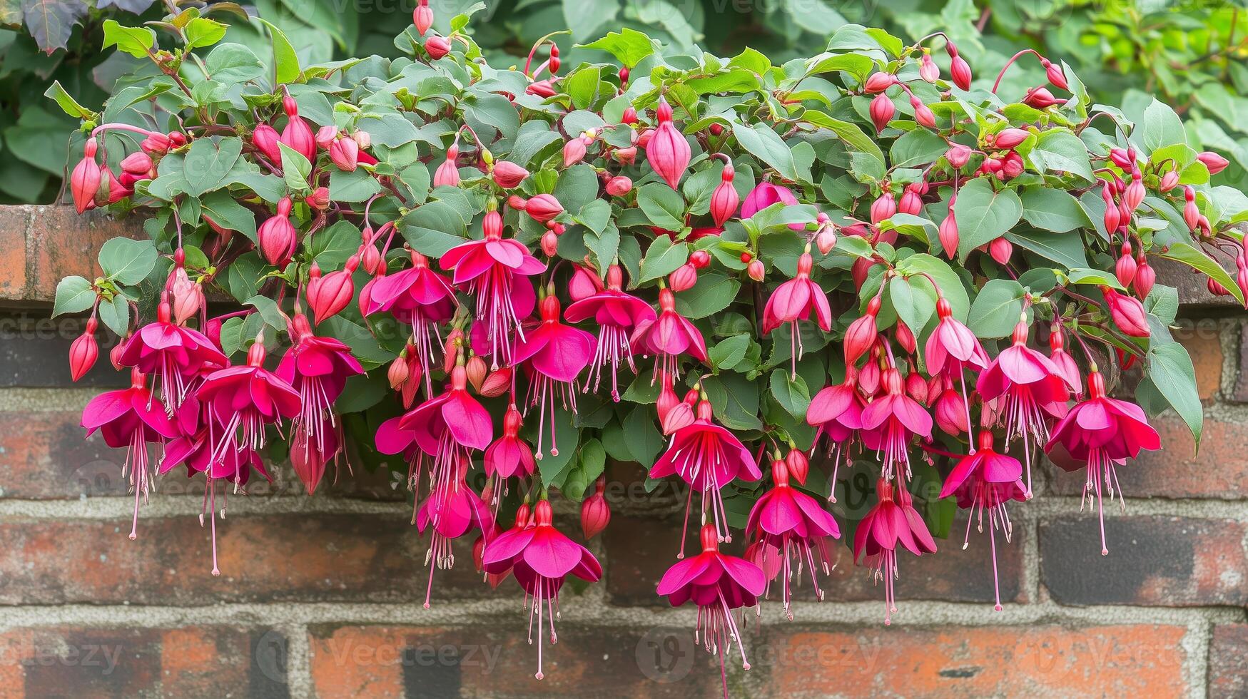 Vibrant fuchsia flowers cascade over a brick wall in a lush garden during springtime photo