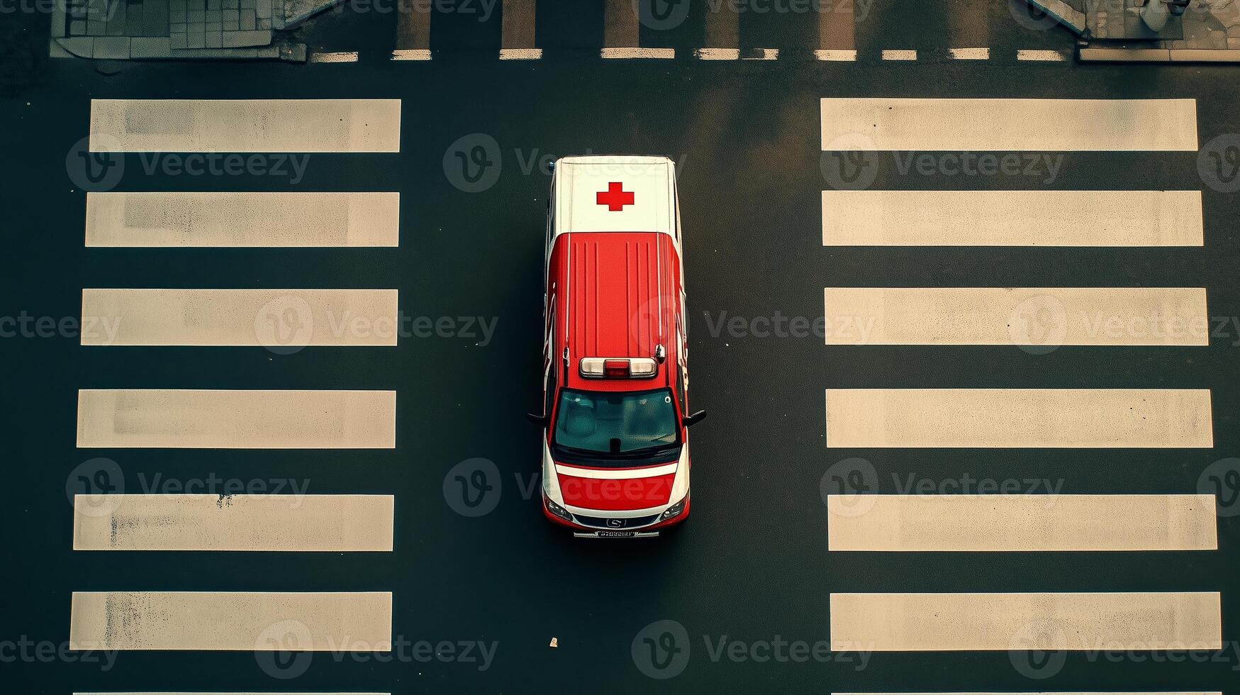 Emergency ambulance crossing a busy pedestrian crosswalk in an urban area during the day photo