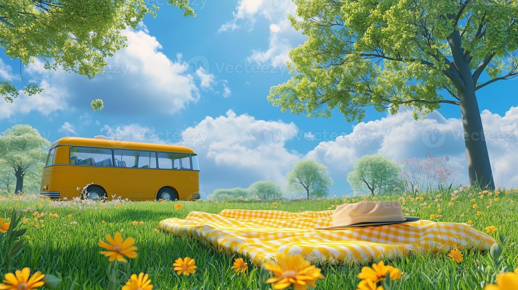 A vibrant yellow bus parked beside a picnic setup on a sunny day in a lush green meadow filled with flowers and under a blue sky photo