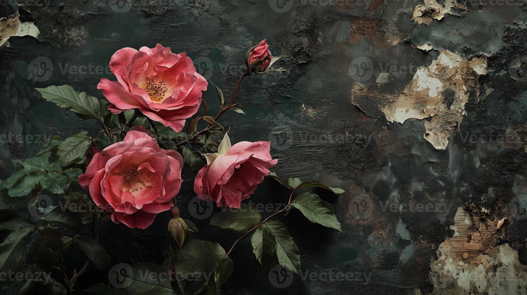 Delicate pink roses bloom against a worn, textured wall in a soft, natural light setting showcasing their elegance and beauty photo