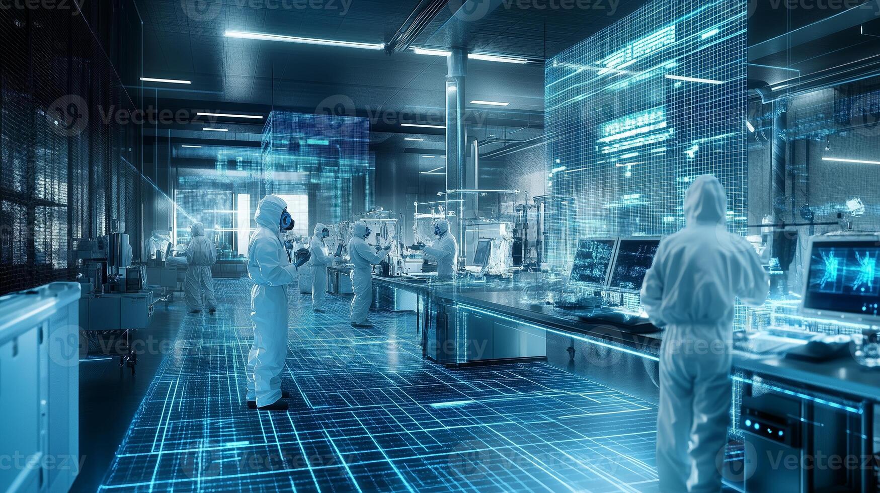 Advanced technology lab featuring scientists in protective gear working with futuristic displays and digital interfaces at night photo