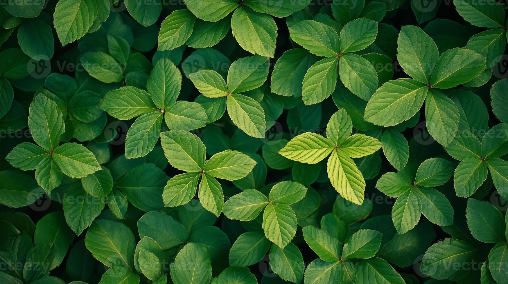 Lush green leaves covering the ground in a forest setting during daytime with sunlight illuminating their textures photo